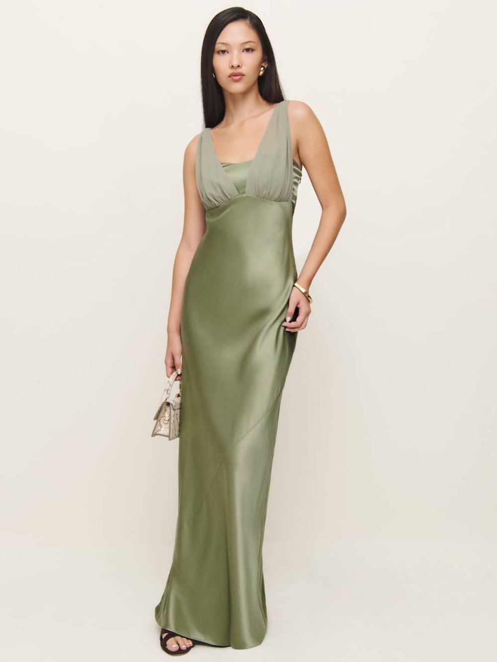 💚 NWT Reformation Lune Olive Green Silk Dress — Artichoke | Size 6